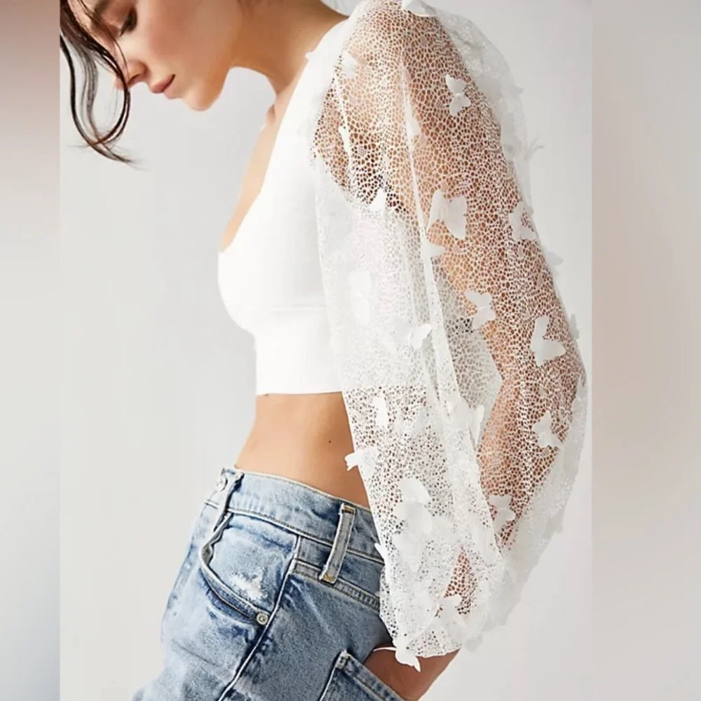 Free people white flutter long sleeve crop top